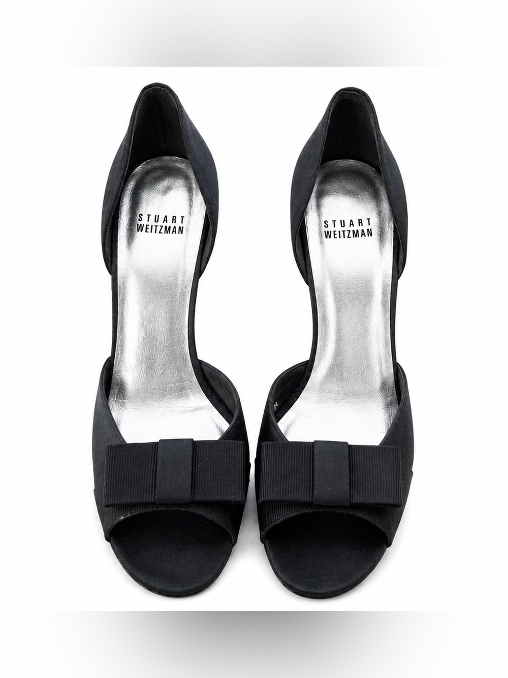 Stuart Weitzman Black Satin D'Orsay Peep Toe Heels Bow Pumps Size 7 Formal